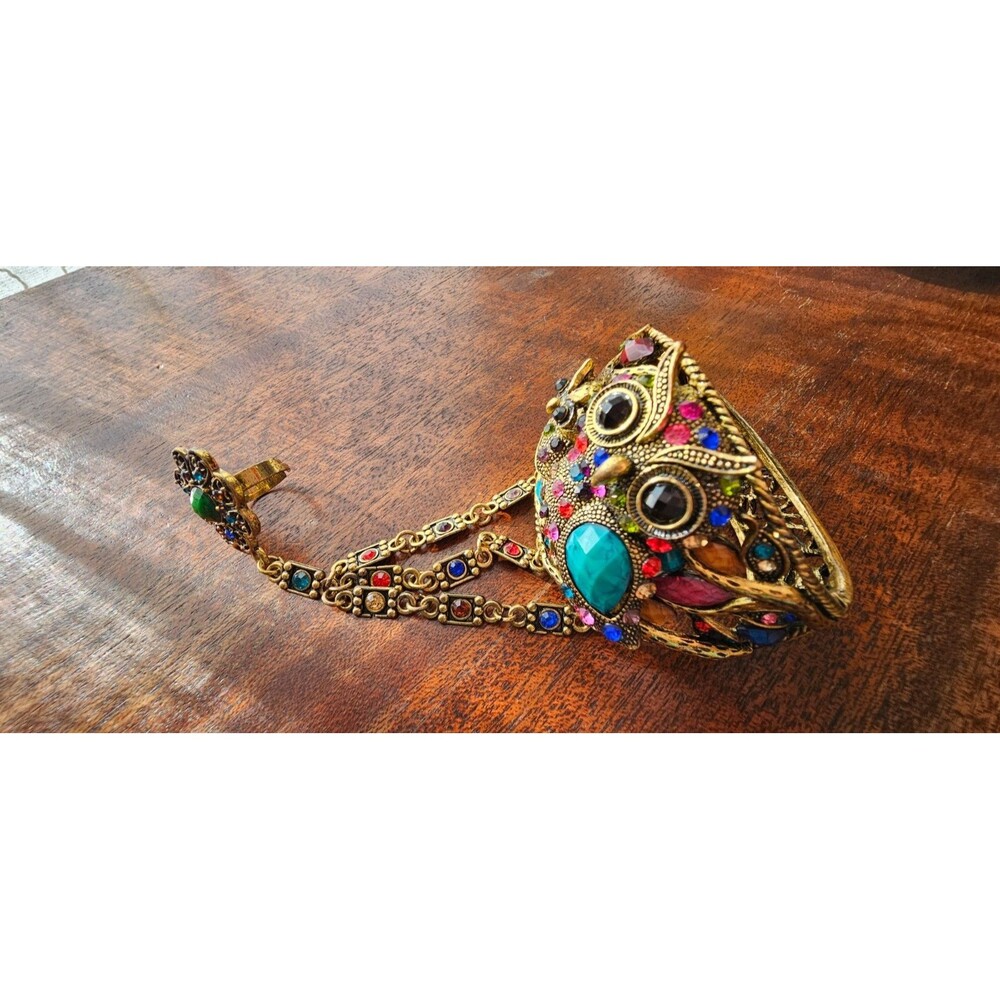 Hand Clamper Rhinestone Owl Bracelet with Adjustable Flower Ring